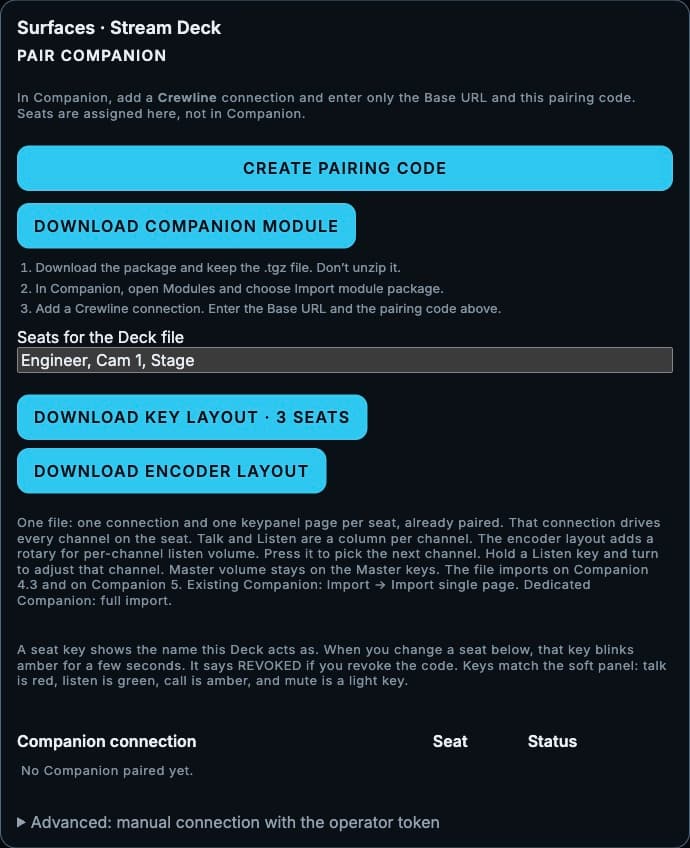Crewline Surfaces screen with Companion pairing, module download, and seat layout controls