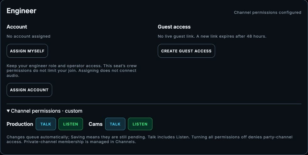 Crewline engineer seat workspace showing Talk and Listen permissions for Production and Cams